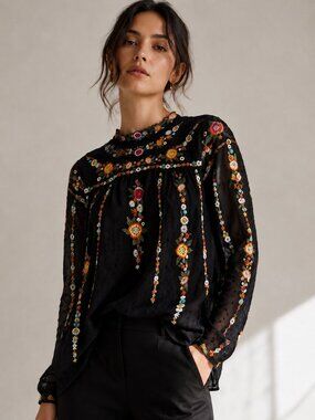 Zara Woman Black Sheer Plumetis Floral Embroidered Tunic Blouse XS Boho